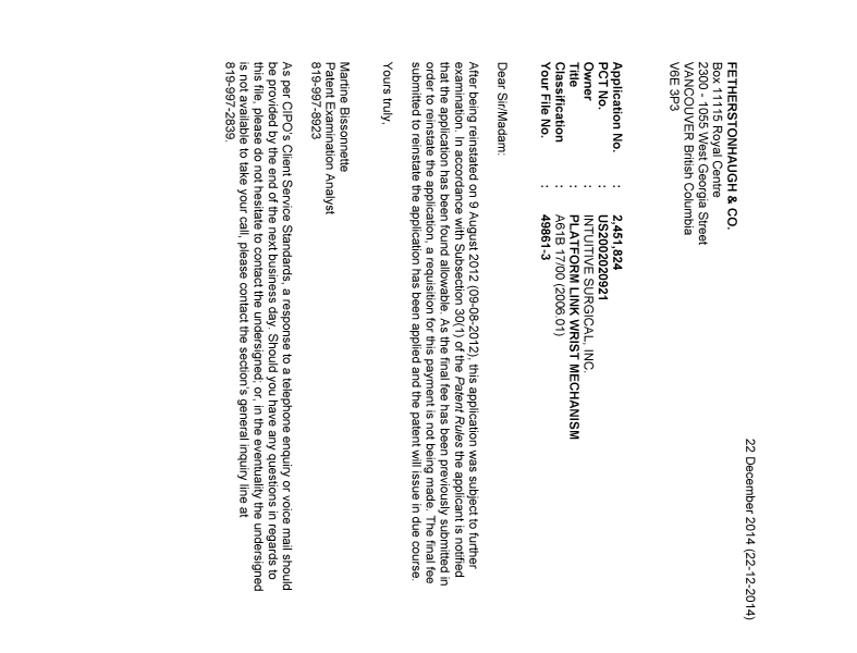 Document de brevet canadien 2451824. Poursuite-Amendment 20141222. Image 1 de 1