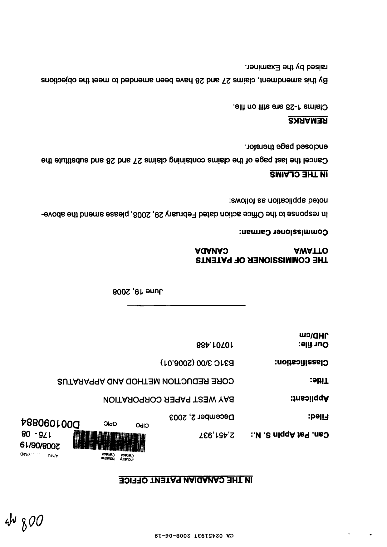 Canadian Patent Document 2451937. Prosecution-Amendment 20071219. Image 1 of 3