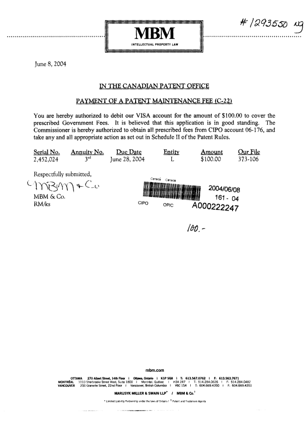 Canadian Patent Document 2452024. Fees 20040608. Image 1 of 1