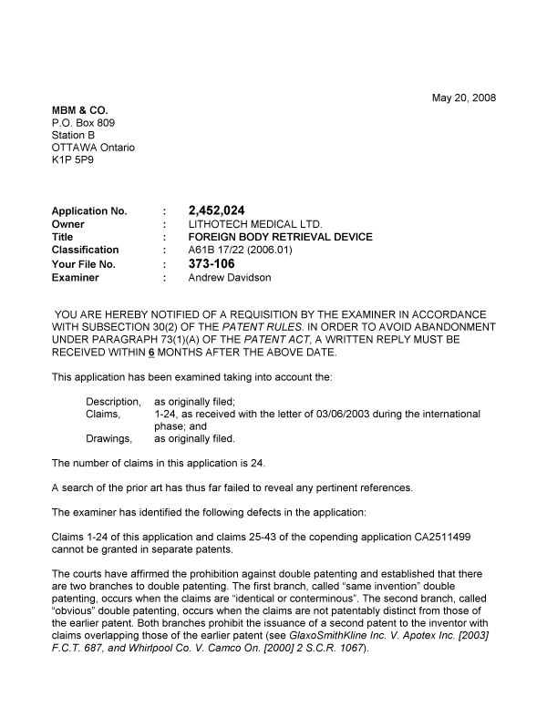 Document de brevet canadien 2452024. Poursuite-Amendment 20080520. Image 1 de 2