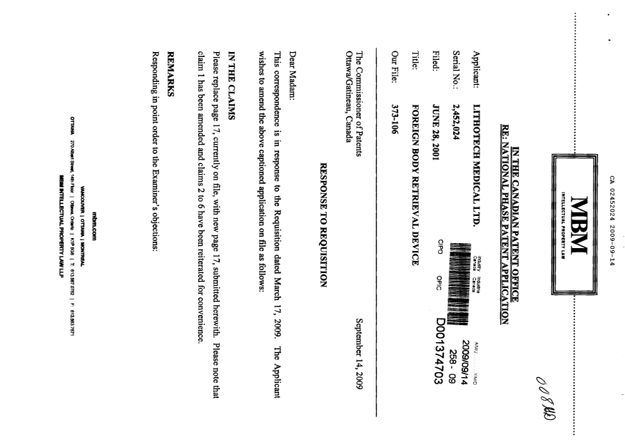 Canadian Patent Document 2452024. Prosecution-Amendment 20090914. Image 1 of 8