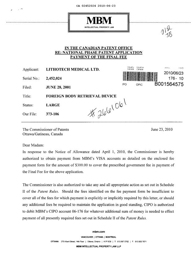 Canadian Patent Document 2452024. Correspondence 20100623. Image 1 of 2