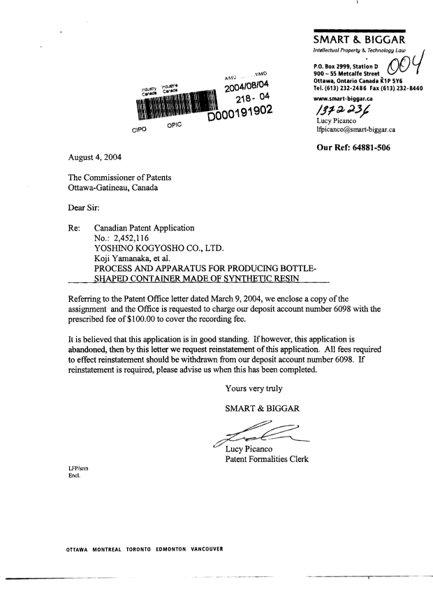 Document de brevet canadien 2452116. Cession 20040804. Image 1 de 3