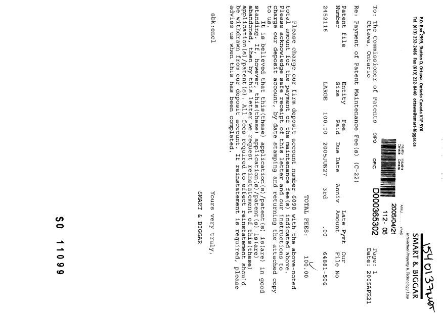 Document de brevet canadien 2452116. Taxes 20050421. Image 1 de 1