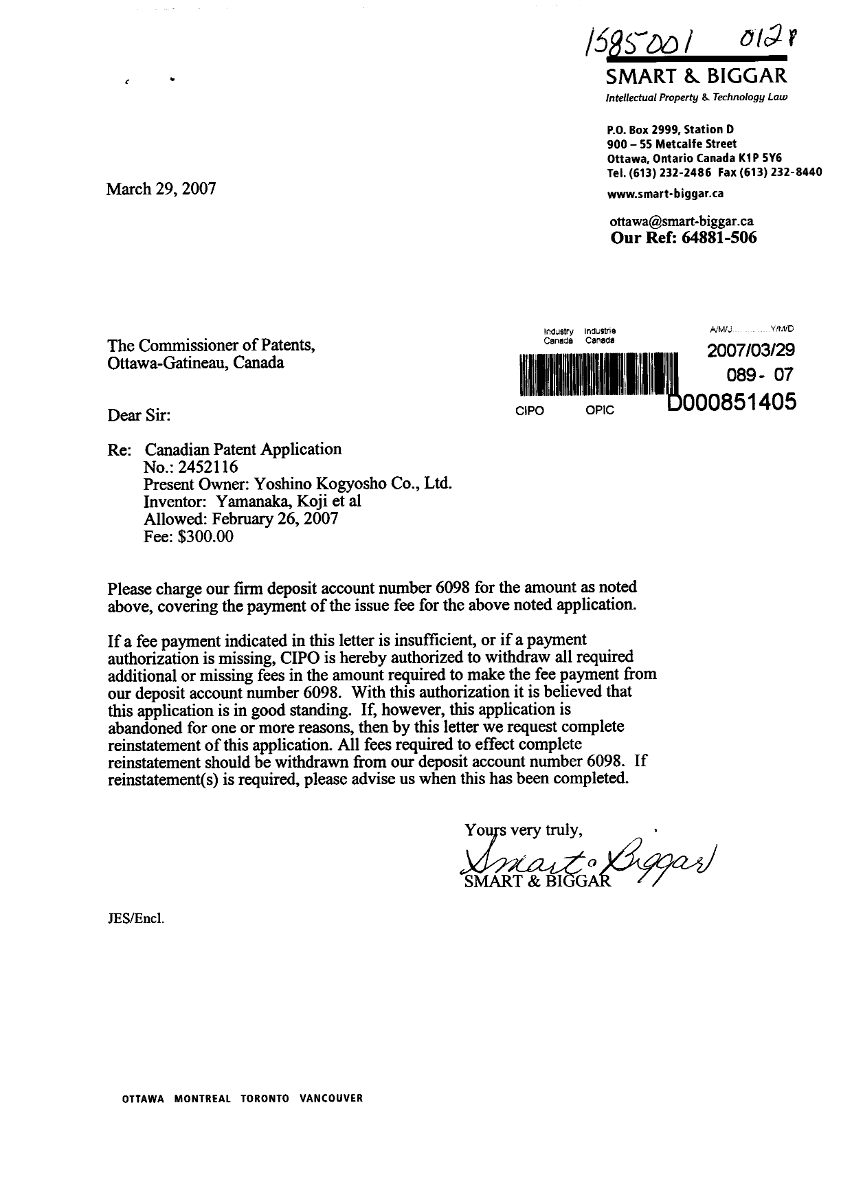 Document de brevet canadien 2452116. Correspondance 20070329. Image 1 de 1