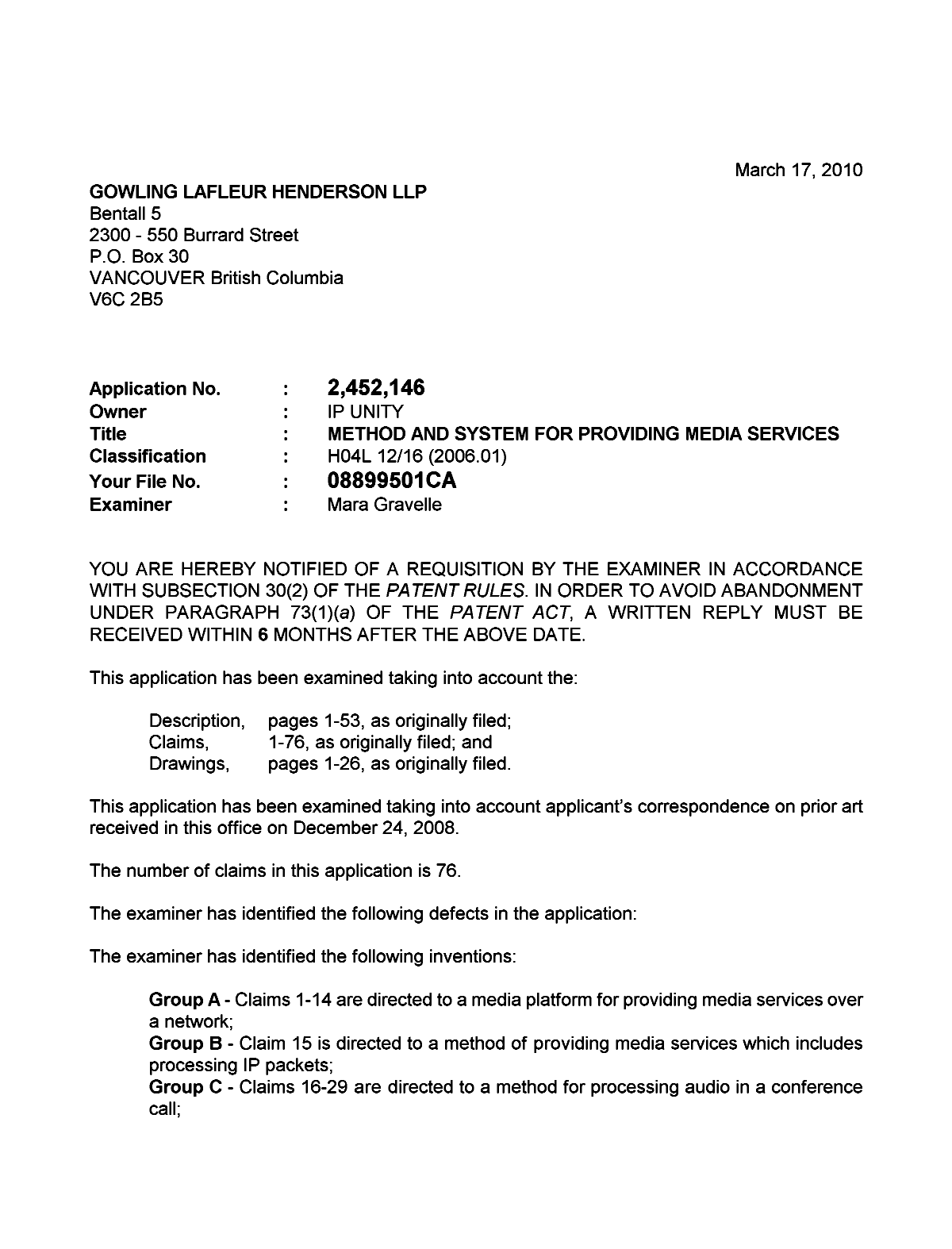 Document de brevet canadien 2452146. Poursuite-Amendment 20100317. Image 1 de 4