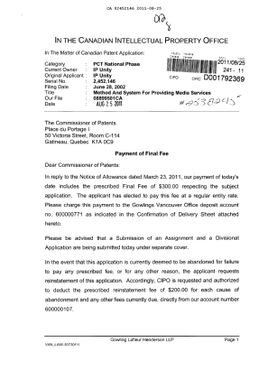 Document de brevet canadien 2452146. Correspondance 20110825. Image 1 de 2