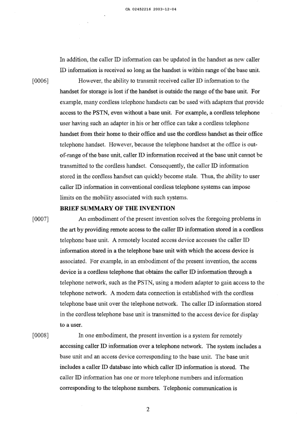 Document de brevet canadien 2452216. Description 20031204. Image 2 de 8