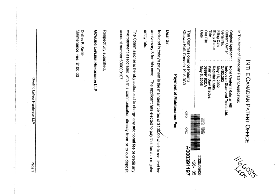 Document de brevet canadien 2452252. Taxes 20050505. Image 1 de 1