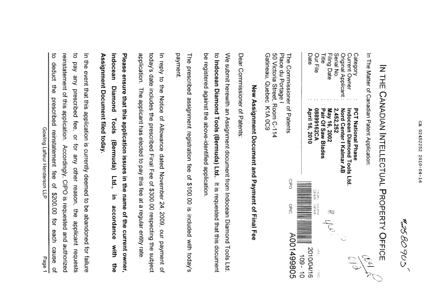 Document de brevet canadien 2452252. Cession 20100416. Image 1 de 4