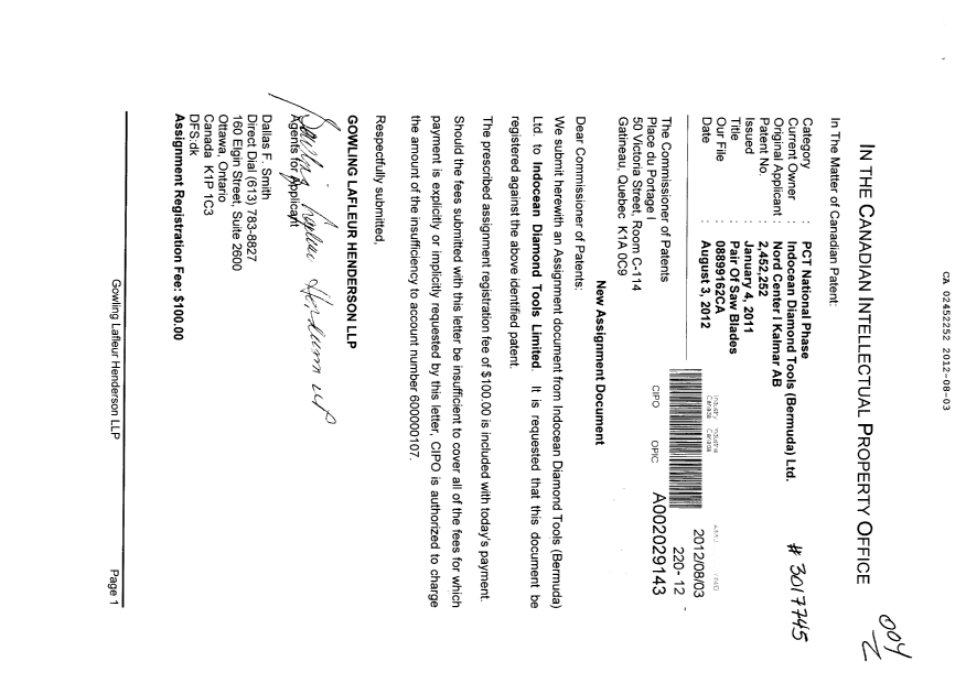 Document de brevet canadien 2452252. Cession 20120803. Image 1 de 3