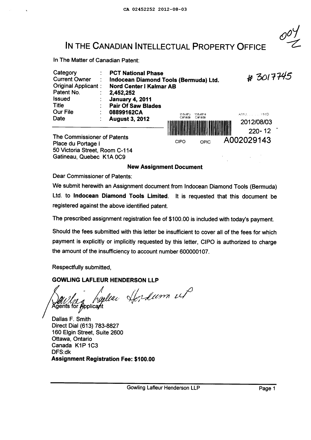 Document de brevet canadien 2452252. Cession 20120803. Image 1 de 3