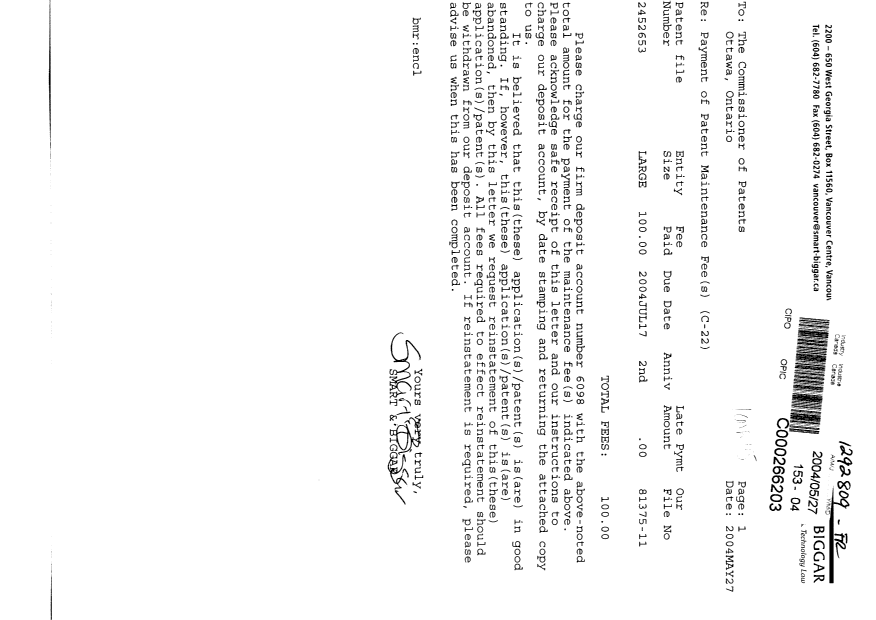 Document de brevet canadien 2452653. Taxes 20040527. Image 1 de 1