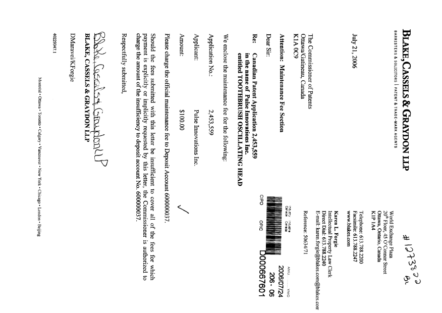 Document de brevet canadien 2453559. Taxes 20060724. Image 1 de 1