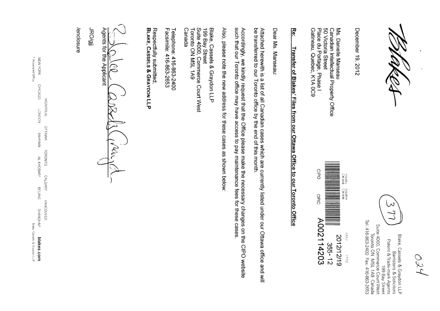 Document de brevet canadien 2453559. Correspondance 20121219. Image 1 de 12
