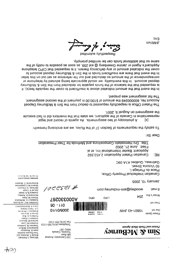 Canadian Patent Document 2453592. Assignment 20050110. Image 1 of 3
