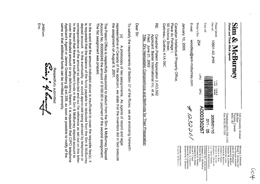 Document de brevet canadien 2453592. Cession 20050110. Image 1 de 3