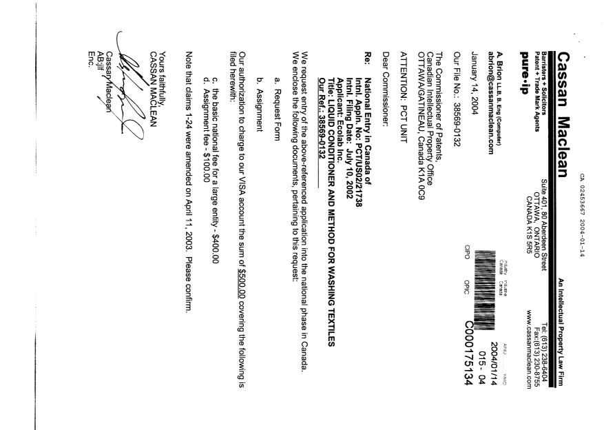 Document de brevet canadien 2453667. Cession 20040114. Image 1 de 7