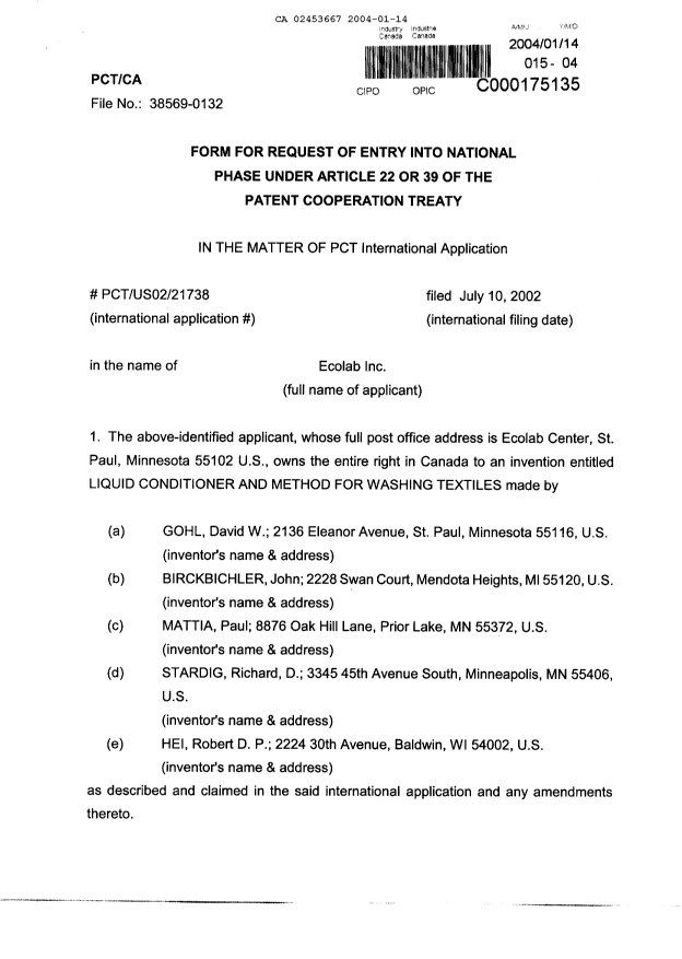 Document de brevet canadien 2453667. Cession 20040114. Image 2 de 7