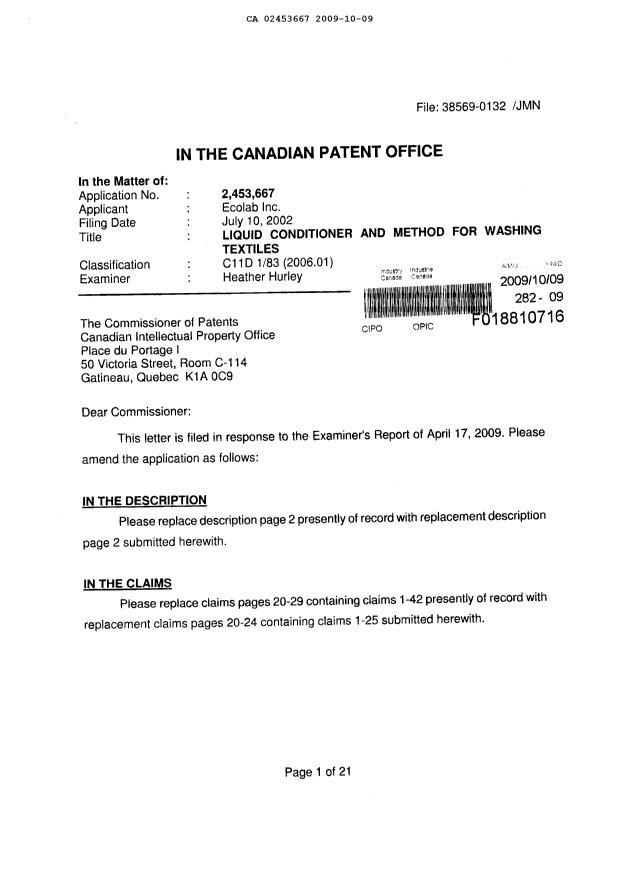 Document de brevet canadien 2453667. Poursuite-Amendment 20091009. Image 2 de 28