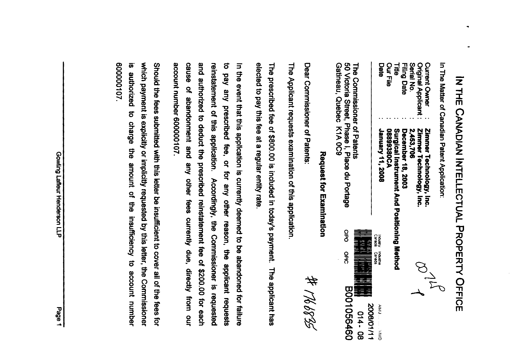 Canadian Patent Document 2453706. Prosecution-Amendment 20080111. Image 1 of 2