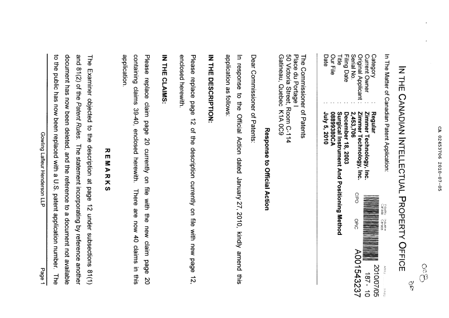 Document de brevet canadien 2453706. Poursuite-Amendment 20100705. Image 1 de 4