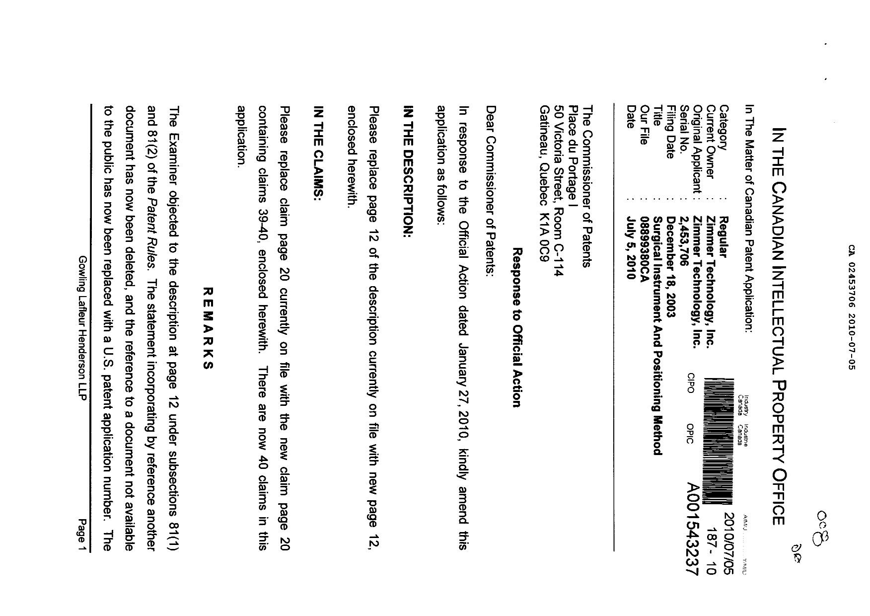 Canadian Patent Document 2453706. Prosecution-Amendment 20100705. Image 1 of 4