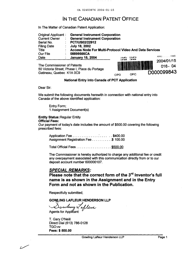 Document de brevet canadien 2453876. Cession 20040115. Image 1 de 6