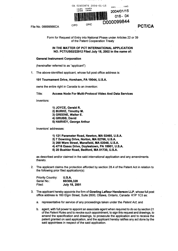 Document de brevet canadien 2453876. Cession 20040115. Image 2 de 6