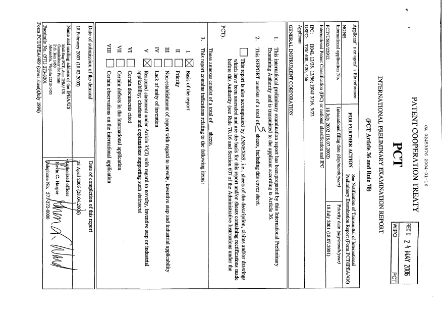 Document de brevet canadien 2453876. PCT 20040116. Image 1 de 5