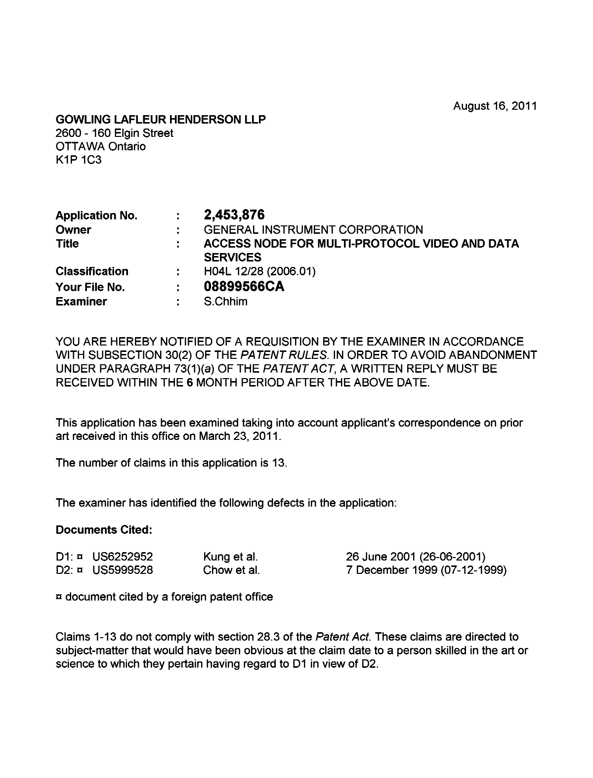 Document de brevet canadien 2453876. Poursuite-Amendment 20110816. Image 1 de 2