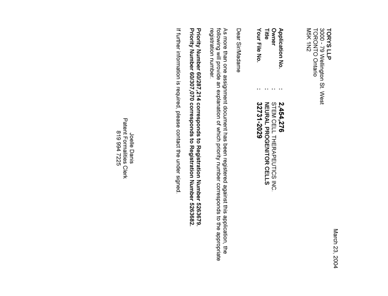 Document de brevet canadien 2454276. Correspondance 20031218. Image 1 de 1