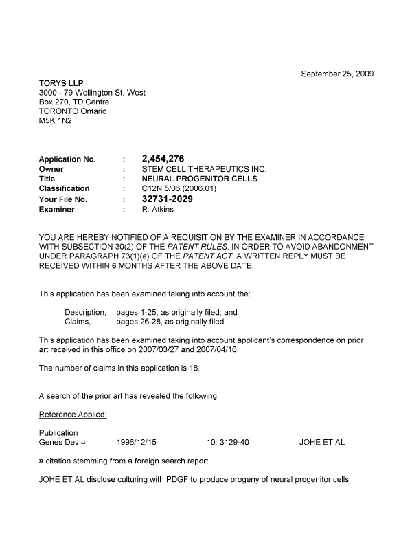 Document de brevet canadien 2454276. Poursuite-Amendment 20090925. Image 1 de 3