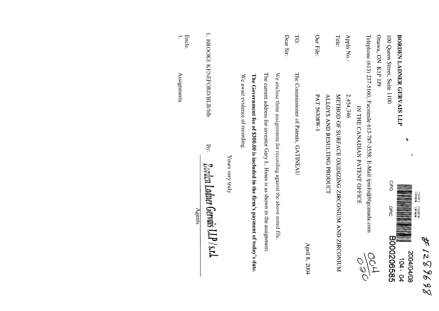 Document de brevet canadien 2454346. Correspondance 20040408. Image 1 de 1