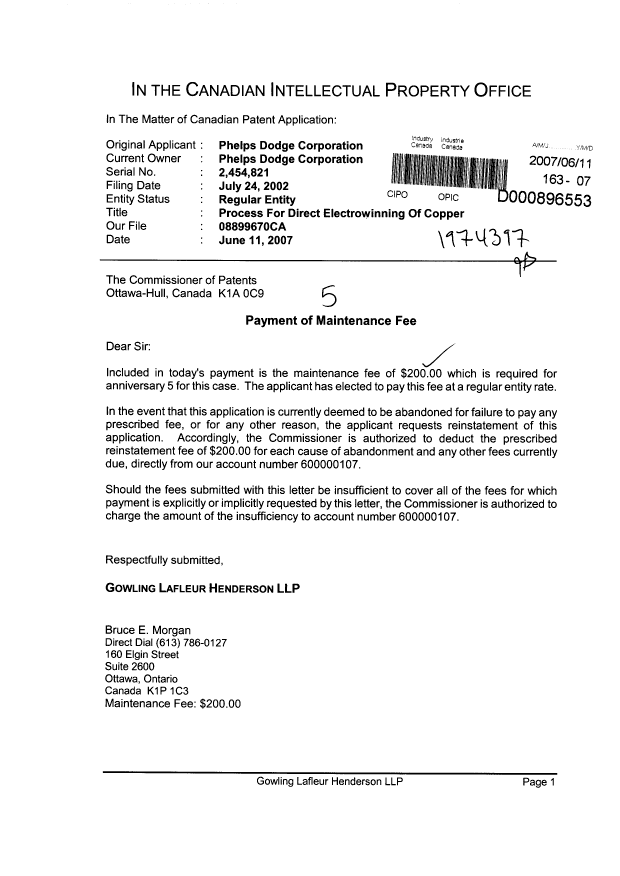 Document de brevet canadien 2454821. Taxes 20070611. Image 1 de 1