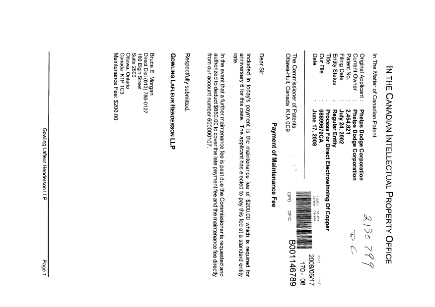 Document de brevet canadien 2454821. Taxes 20080617. Image 1 de 1