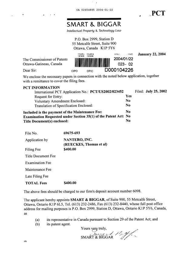Document de brevet canadien 2454895. Cession 20040122. Image 1 de 2