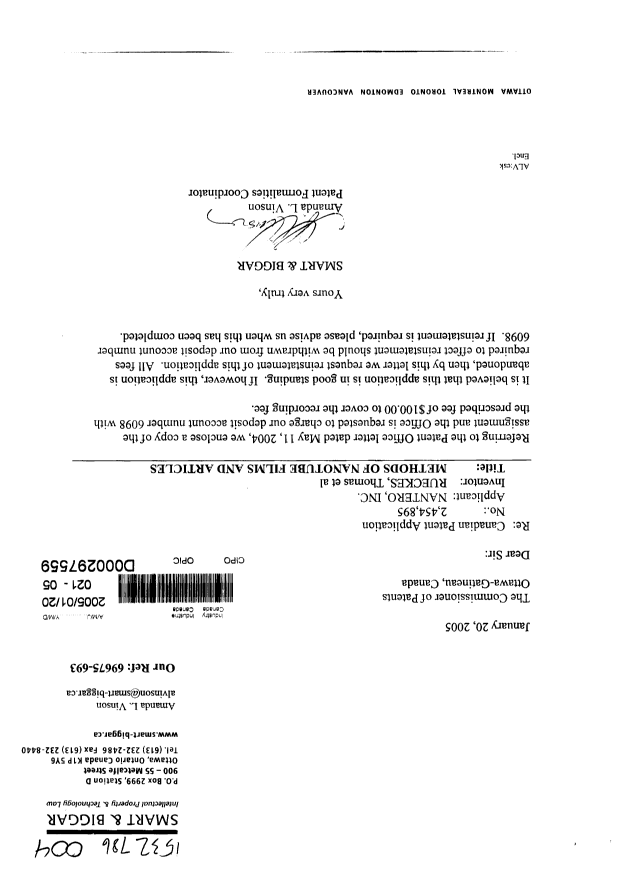 Canadian Patent Document 2454895. Assignment 20050120. Image 1 of 4