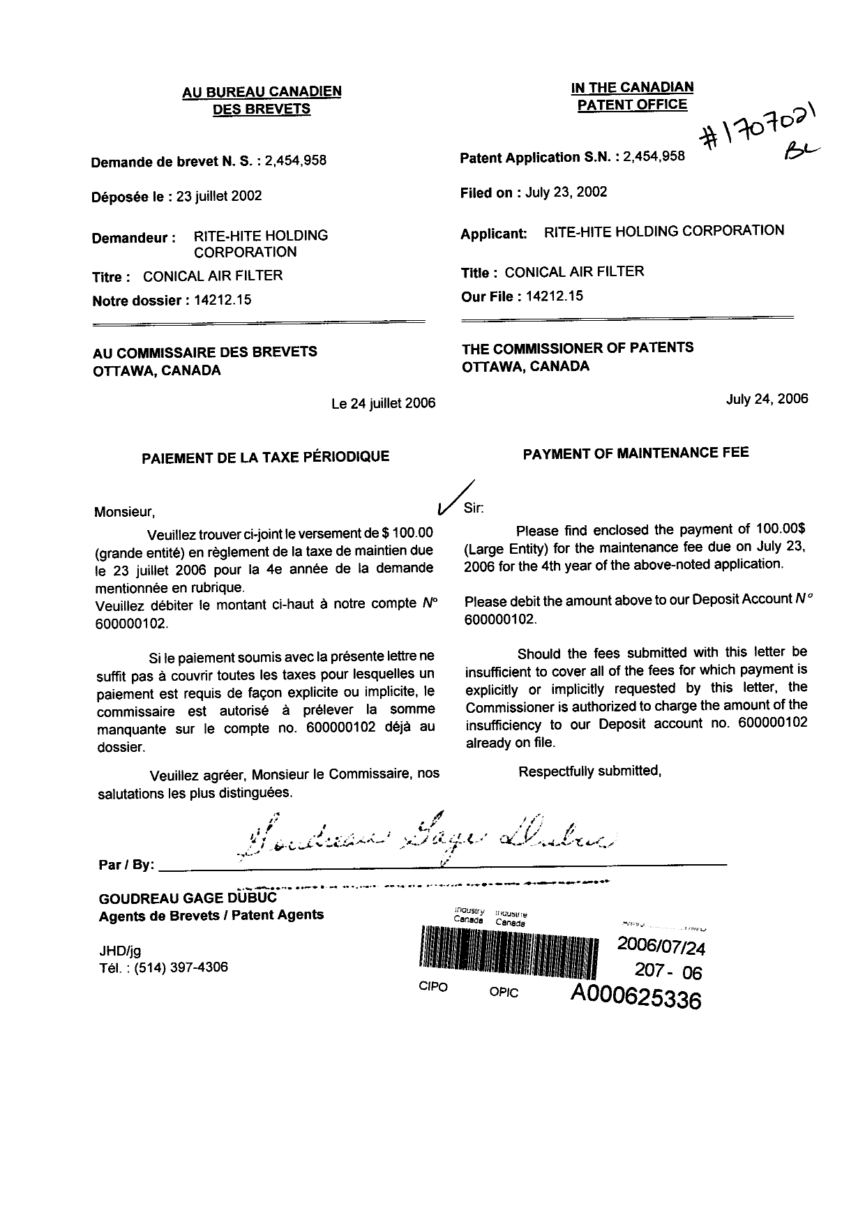 Document de brevet canadien 2454958. Taxes 20060724. Image 1 de 1
