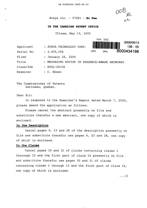 Canadian Patent Document 2455256. Prosecution-Amendment 20050513. Image 1 of 8
