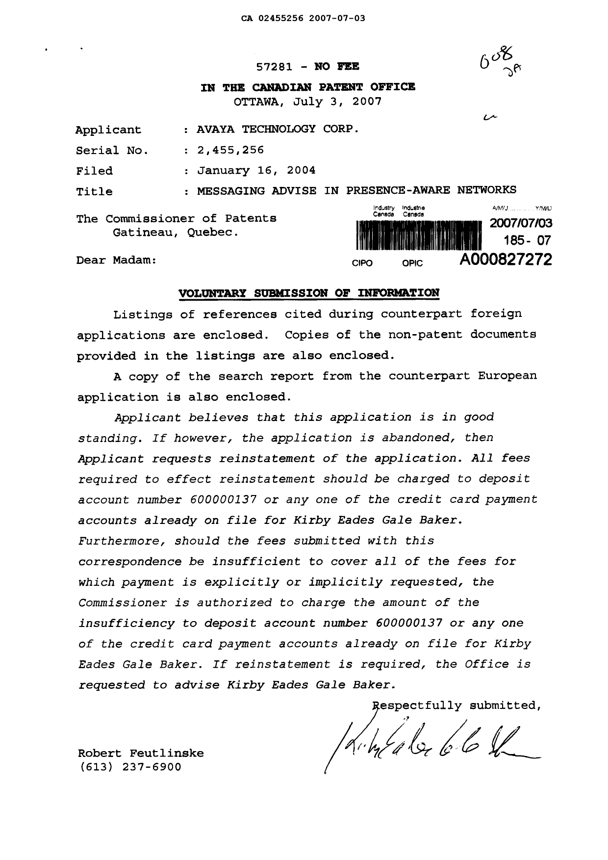 Document de brevet canadien 2455256. Poursuite-Amendment 20070703. Image 1 de 1
