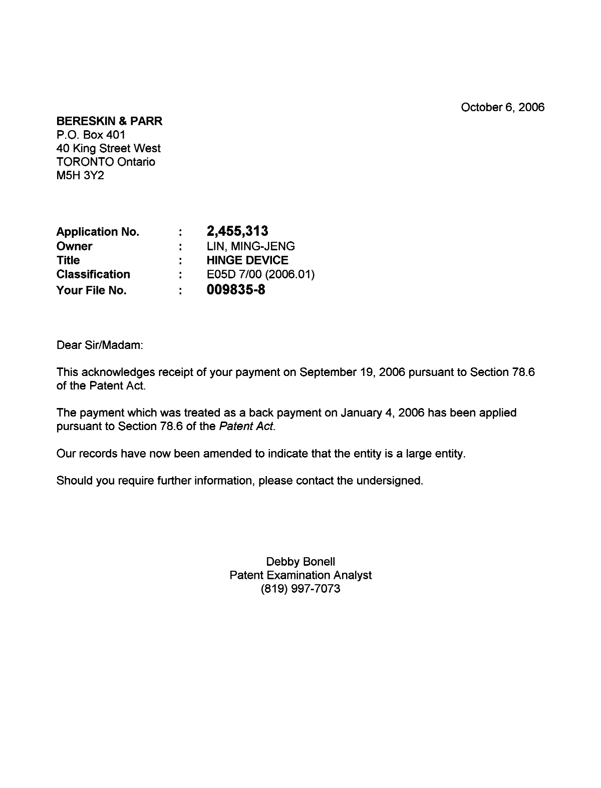 Document de brevet canadien 2455313. Correspondance 20061006. Image 1 de 1