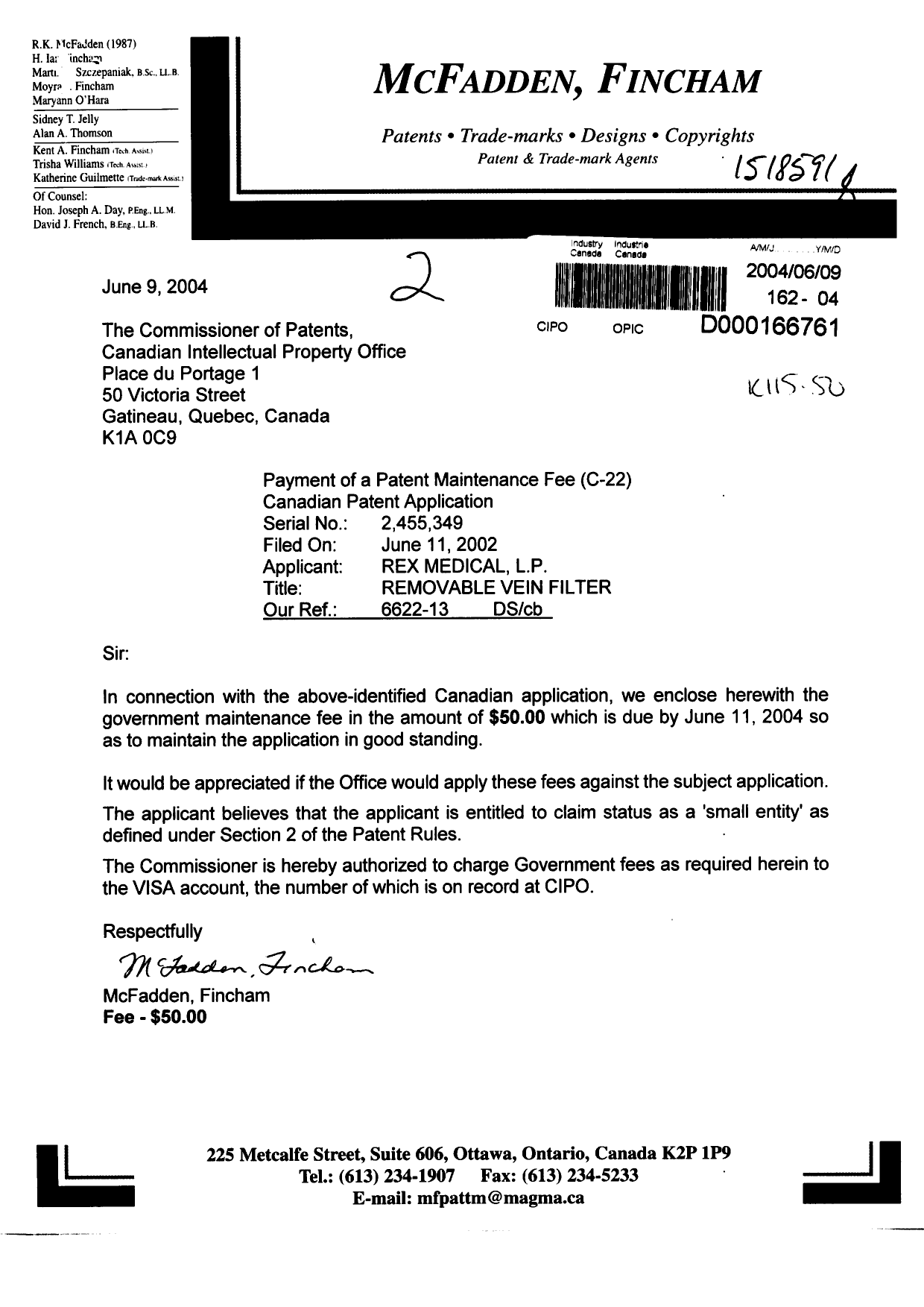 Document de brevet canadien 2455349. Taxes 20040609. Image 1 de 1