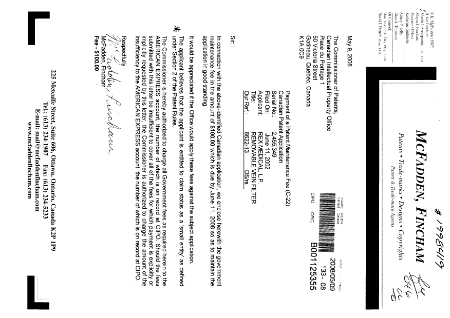 Document de brevet canadien 2455349. Taxes 20080509. Image 1 de 1