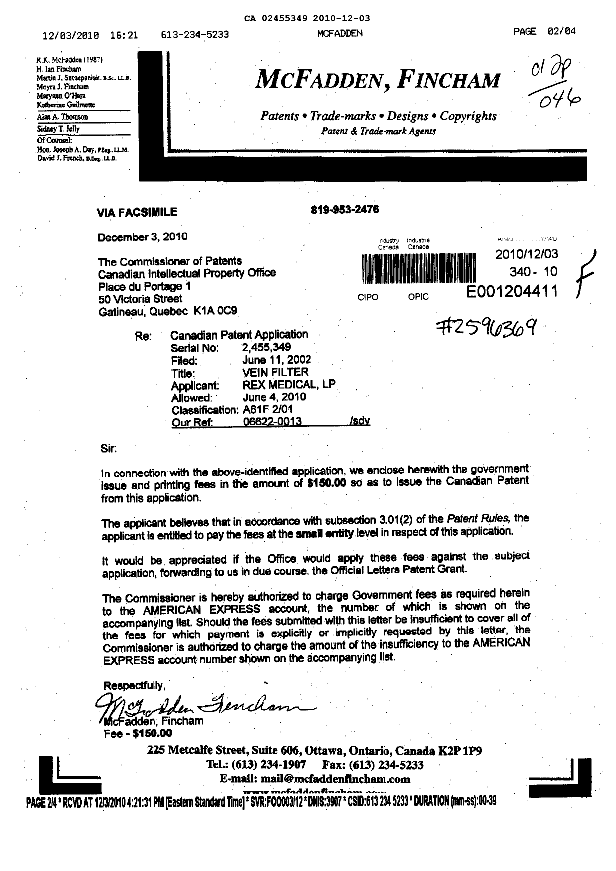 Document de brevet canadien 2455349. Correspondance 20101203. Image 1 de 1