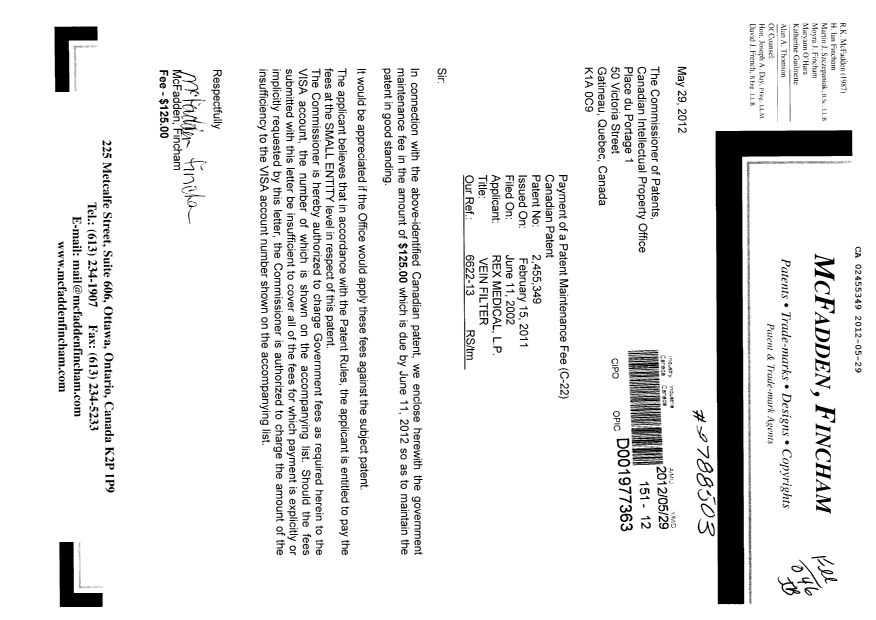 Document de brevet canadien 2455349. Correspondance 20120529. Image 1 de 1