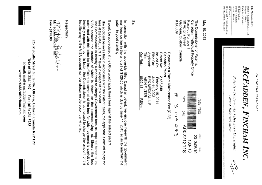 Document de brevet canadien 2455349. Taxes 20130510. Image 1 de 1