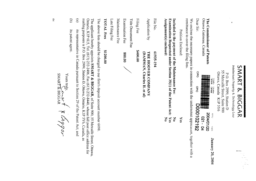 Document de brevet canadien 2455440. Cession 20040120. Image 1 de 2