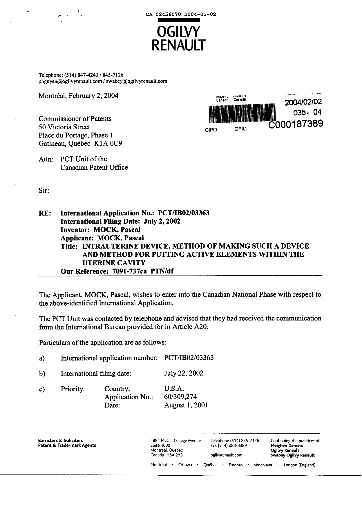 Document de brevet canadien 2456070. Cession 20040202. Image 1 de 5