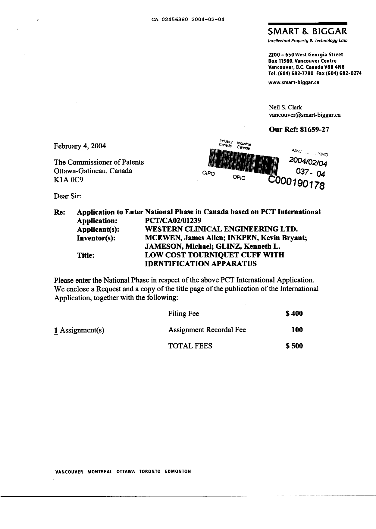 Document de brevet canadien 2456380. Cession 20040204. Image 1 de 9